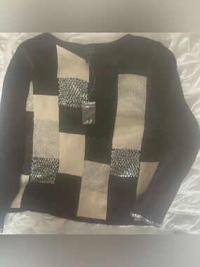 Sigrid Olsen Black and Cream Sequin Patchwork Sweater
